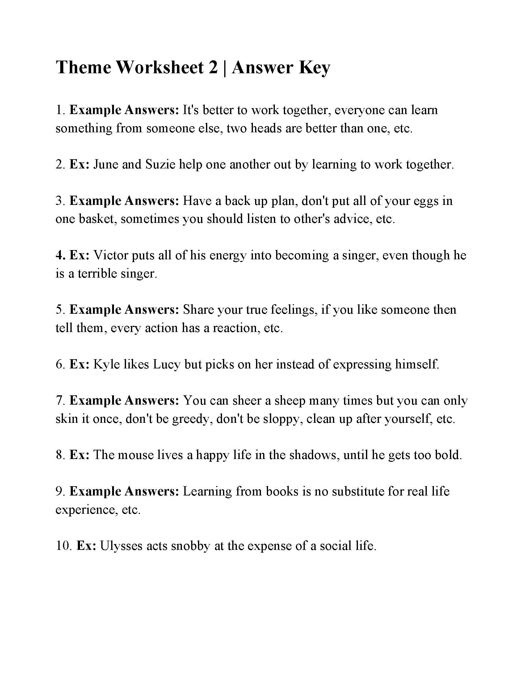 Theme Worksheet 2  Answers