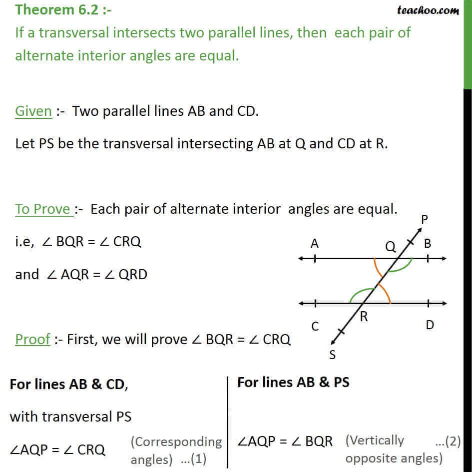 Theorem 62  Class 9  Alternate Interior Angles Are Equal
