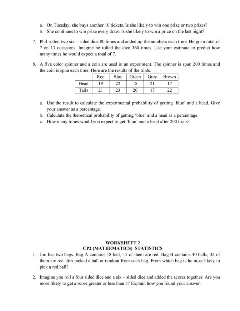 Theoretical And Experimental Probability Worksheet 7Th Grade —