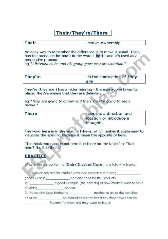 There Their And They´re  Esl Worksheetpuddyd