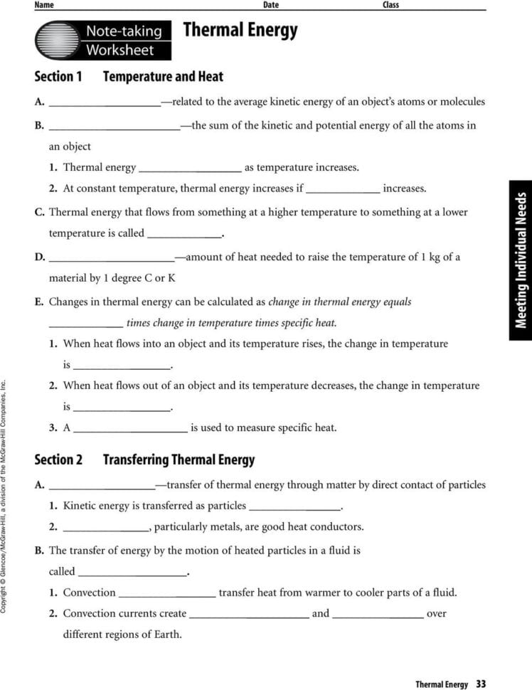 Thermal Energy Chapter Resources Includes Glencoe Science