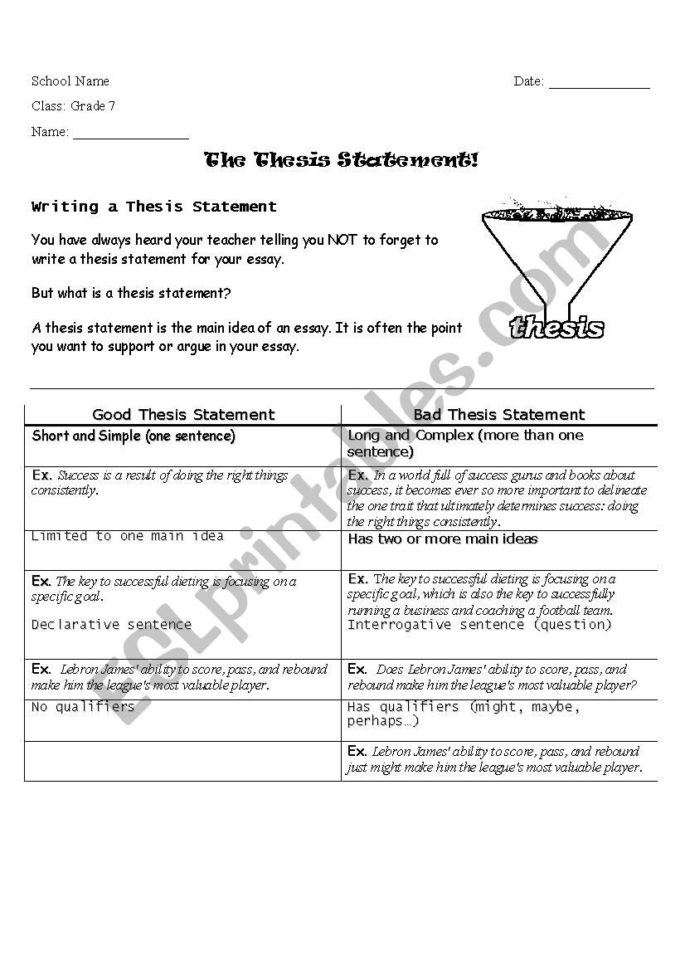 Thesis Statement Practice  Esl Worksheetdaliaim