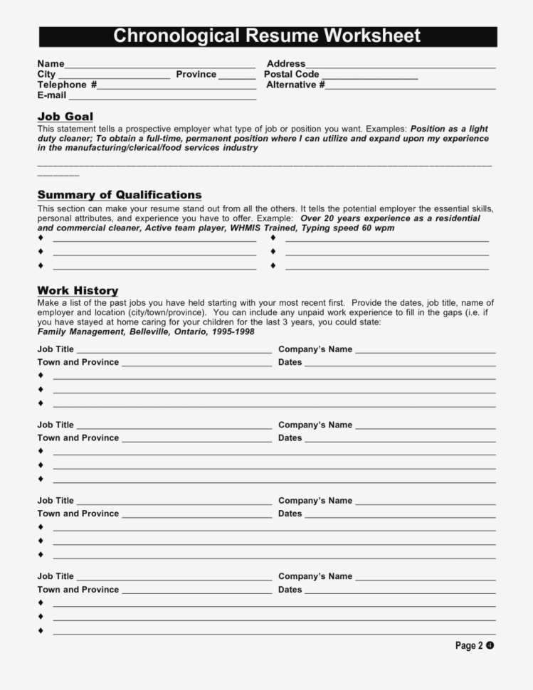 Resume Worksheet Template