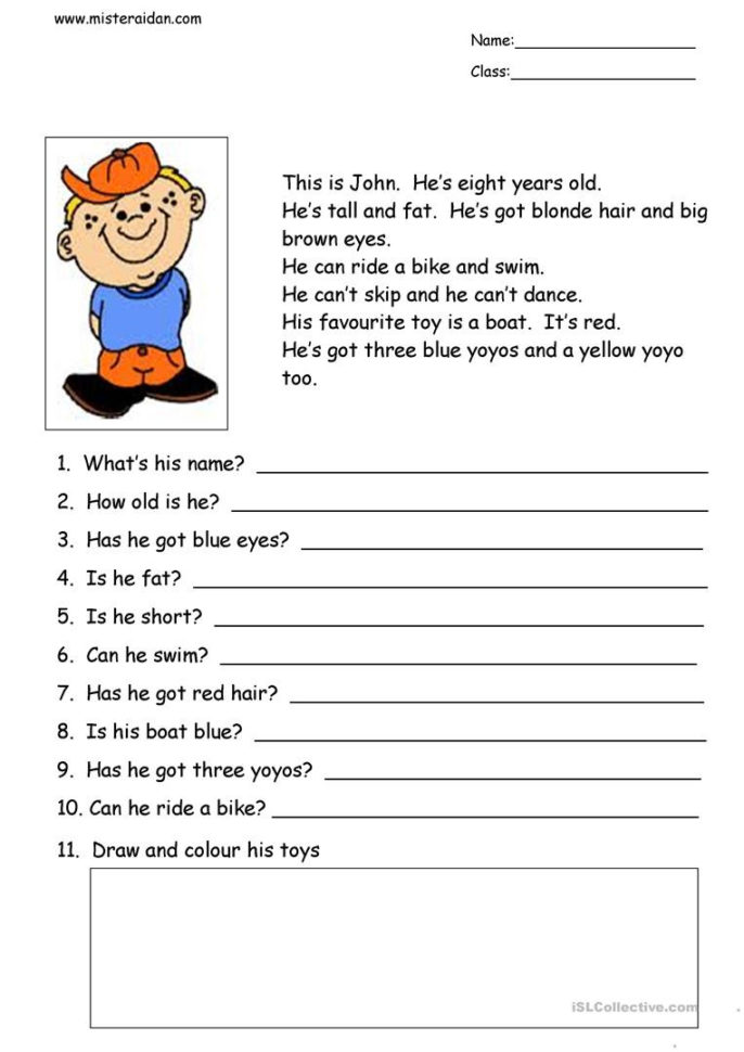 This Is John  Simple Reading Comprehension  English Esl Worksheets