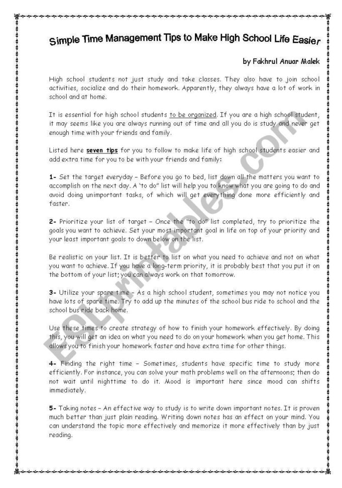 Time Management For High School Students  Esl Worksheet