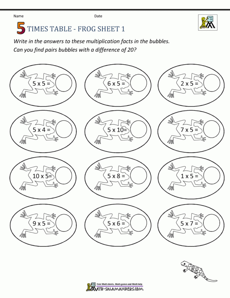 Times Table Math  5 Times Table Sheets