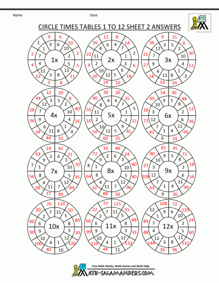 Times Table Worksheet Circles 1 To 12 Times Tables