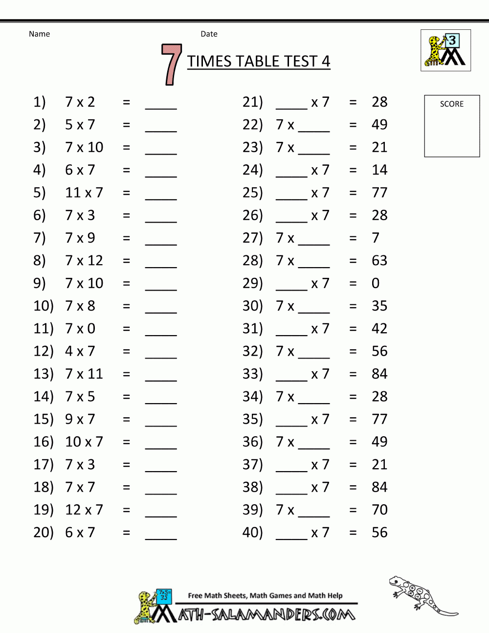Times Tables Tests  6 7 8 9 11 12 Times Tables