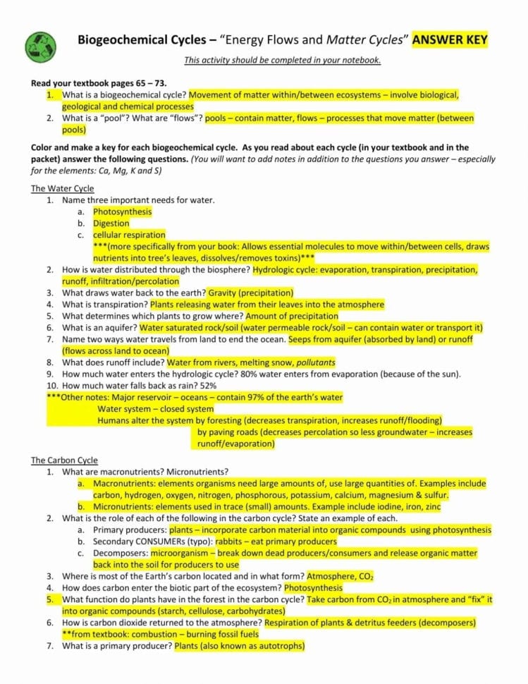 Tissue Worksheet Answers
