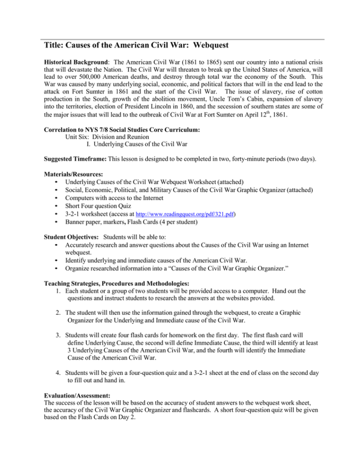Title Causes Of The American Civil R Webquest