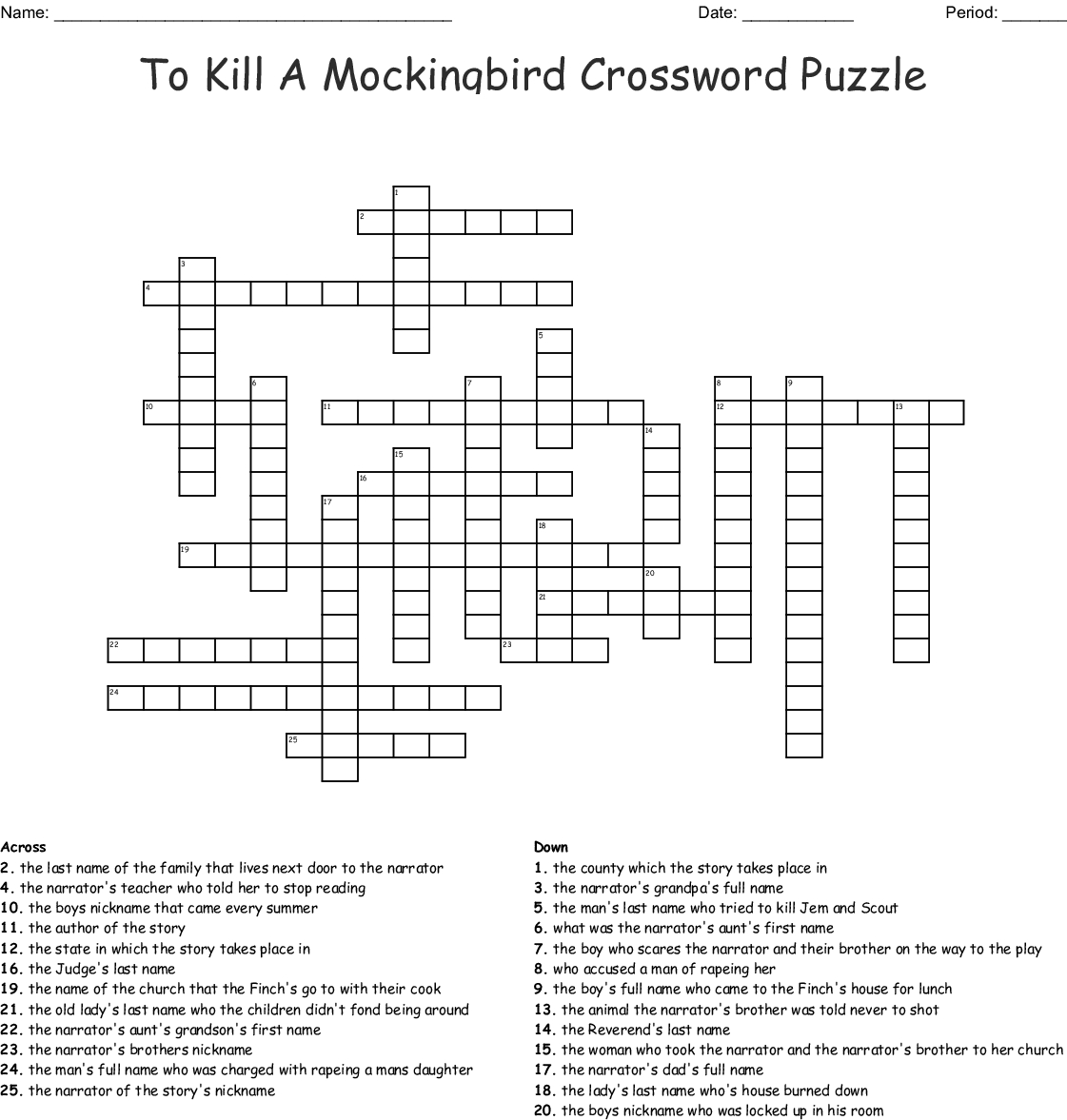 To Kill A Mockingbird Worksheet
