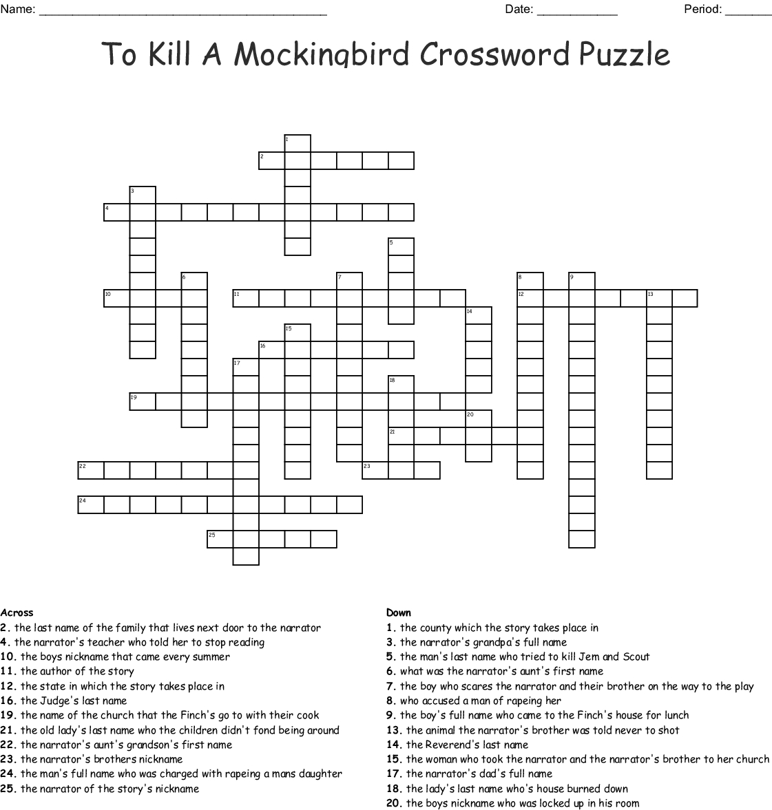 To Kill A Mockingbird Crossword