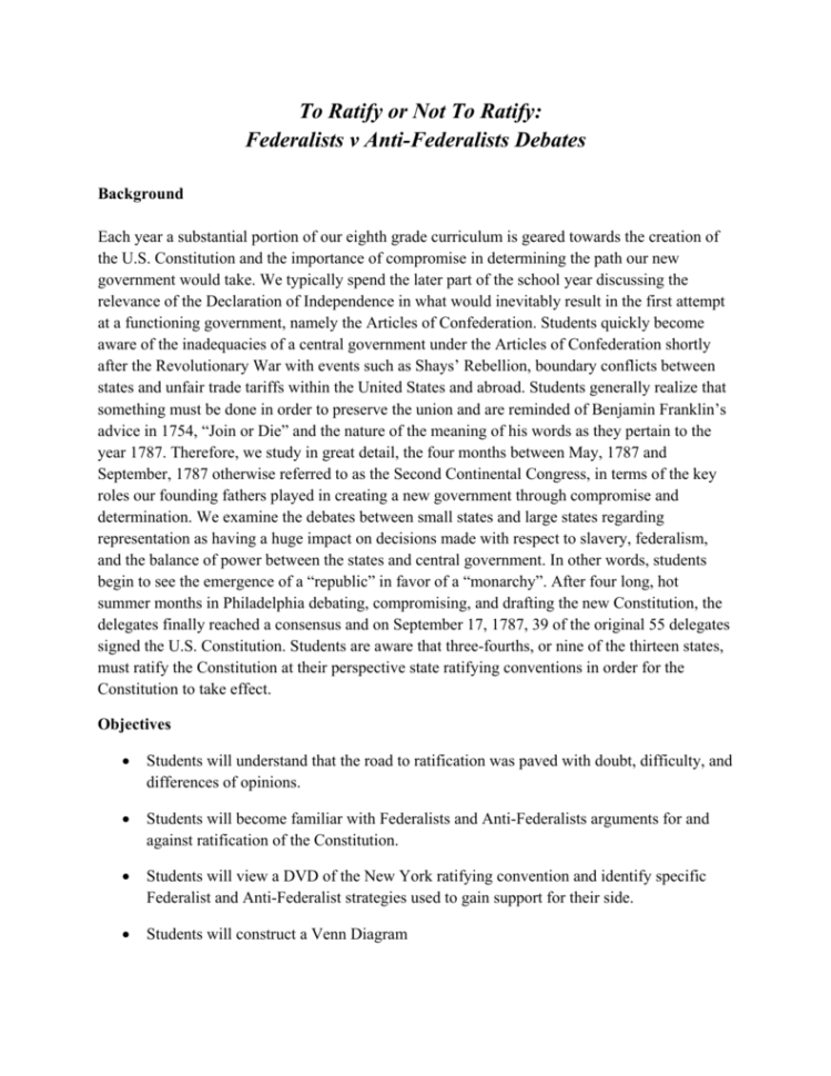To Ratify Or Not To Ratify Federalists V Anti