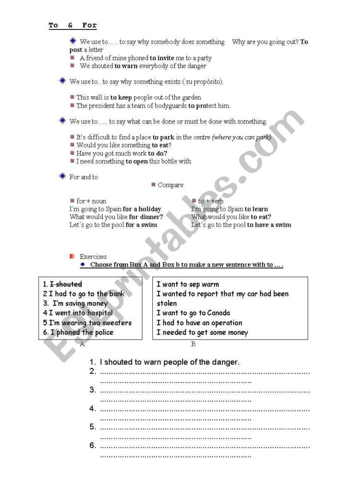 To Vs For  Esl Worksheetmacanolo