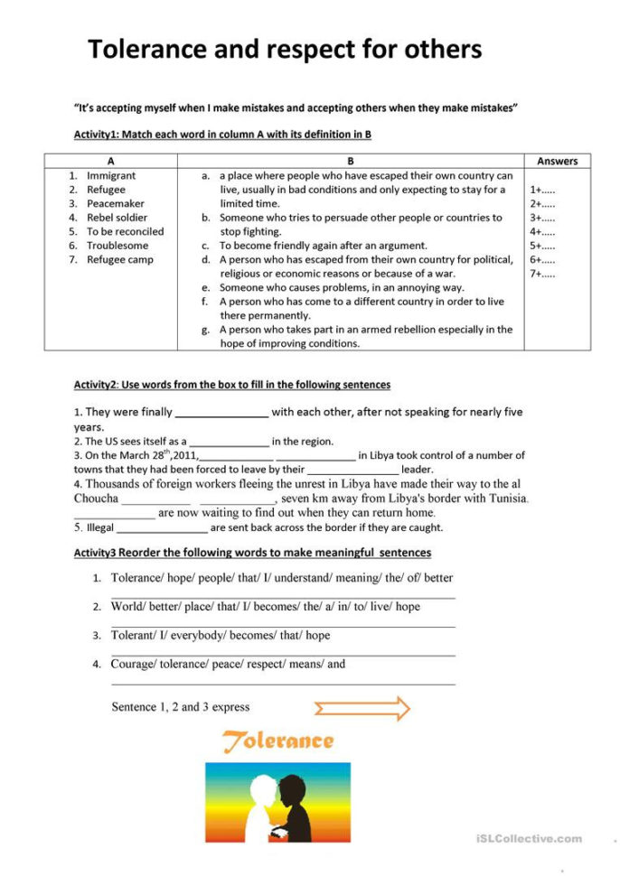 Tolerance And Respect For Others  English Esl Worksheets