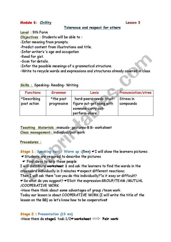Tolerance And Respect For Others Lesson Plan  Esl Worksheet