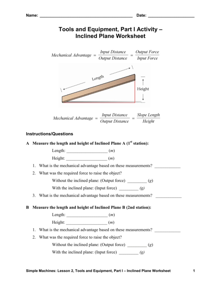 Inclined Plane Worksheets Answers