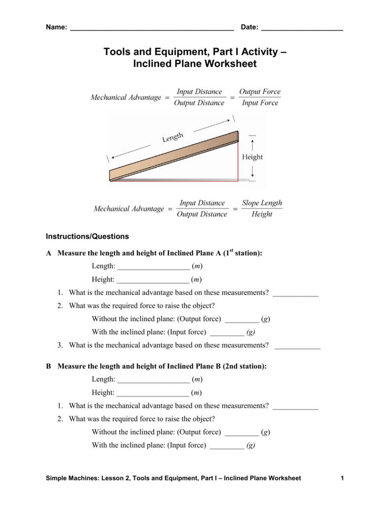 Tools And Equipment Part I Activity – Inclined Plane Worksheet