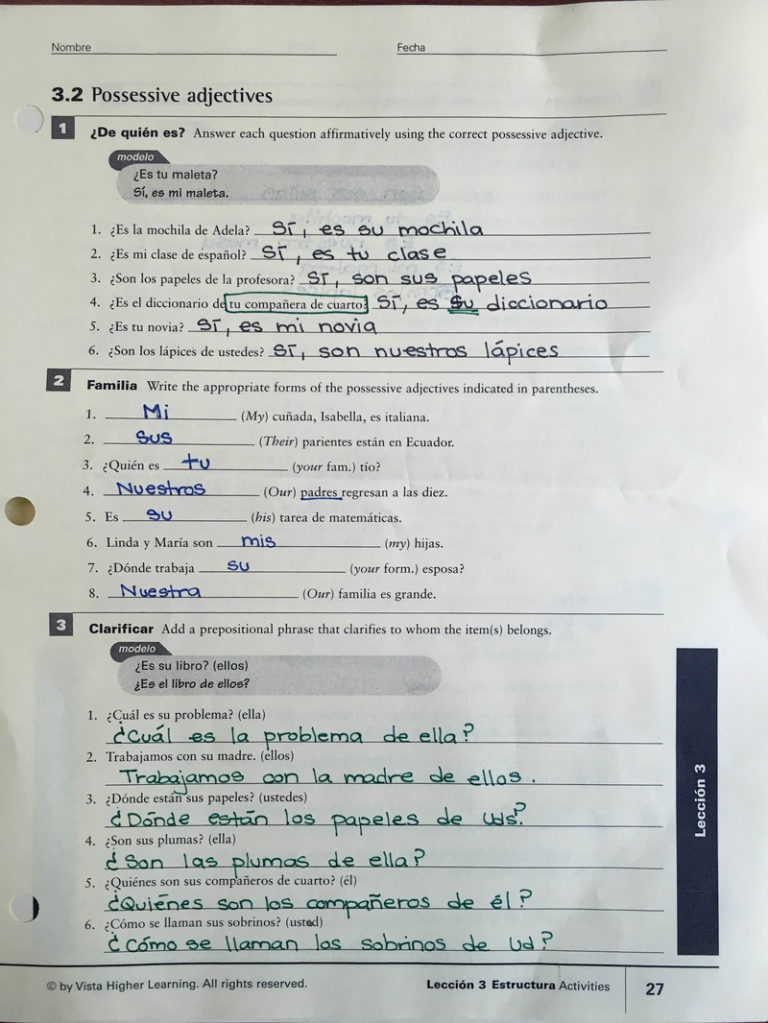 Possessive Adjectives Spanish Worksheet With Answers