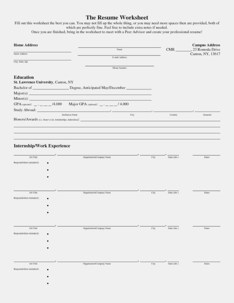 Top Five Fill In Resume Worksheet  Fullservicecircus