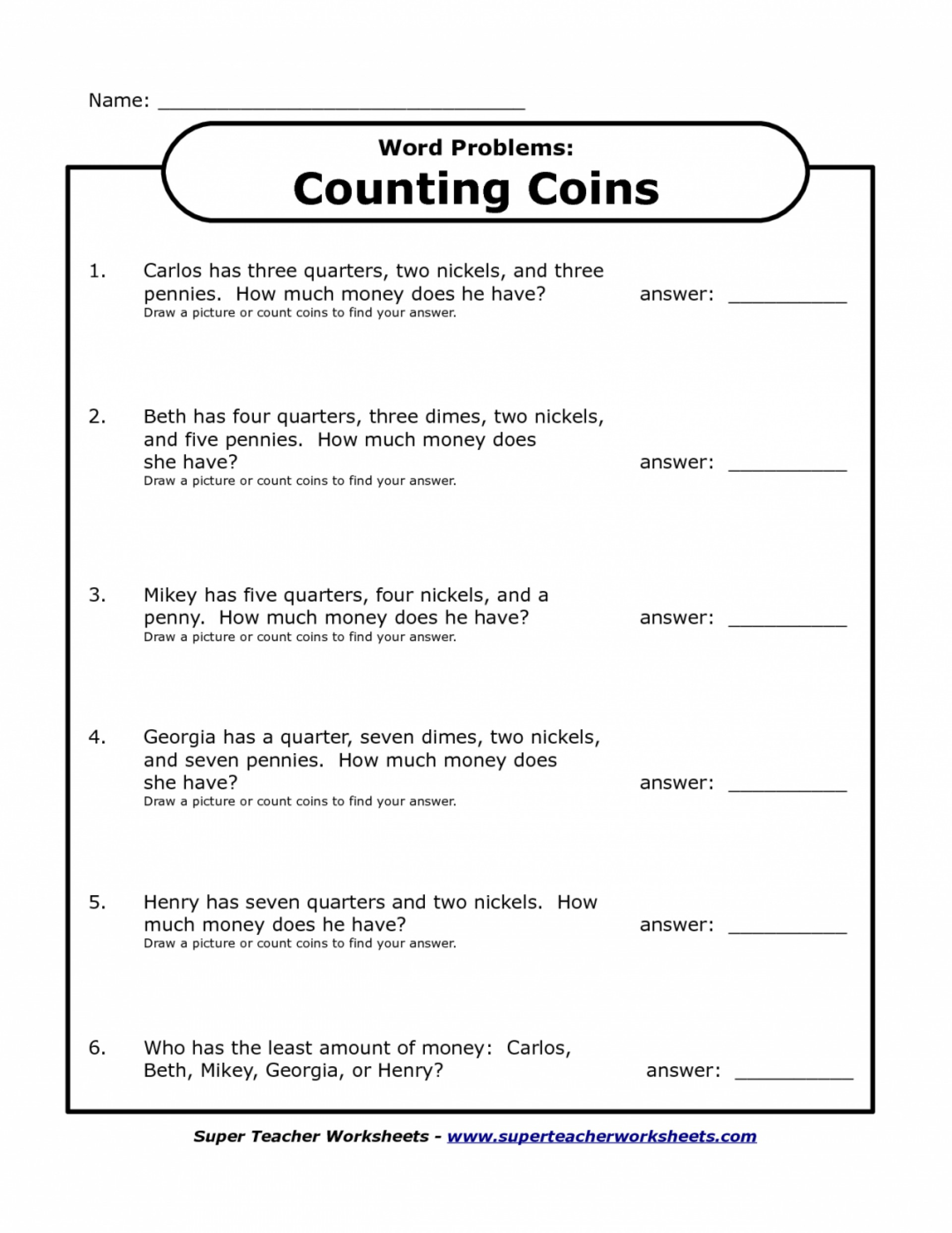 Top Free Printable Money Word Problems For 2Nd Grade 3Rd 1St