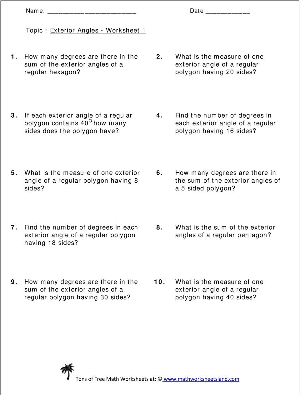 Topic  Exterior Angles  Worksheet How Many Degrees Are