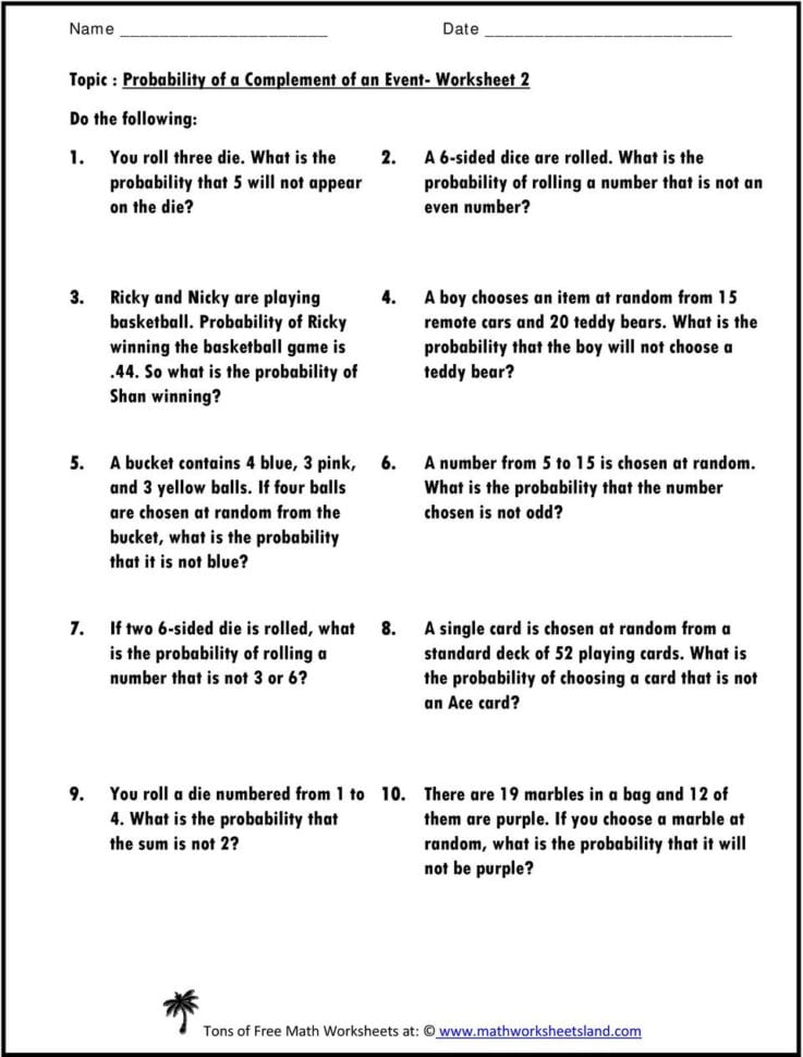 Topic  Probability Of A Complement Of An Event Worksheet 1