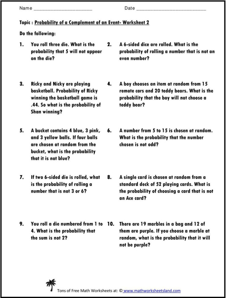 Topic  Probability Of A Complement Of An Event Worksheet 1
