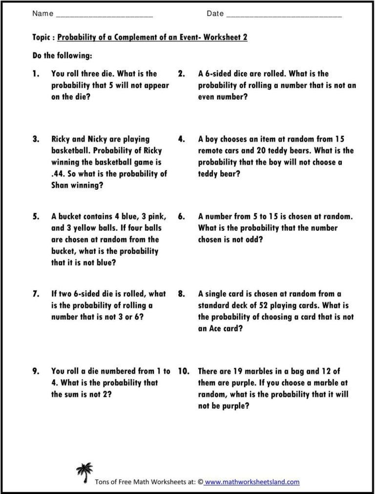 Topic Probability Of A Complement Of An Event Worksheet 1 Db excel