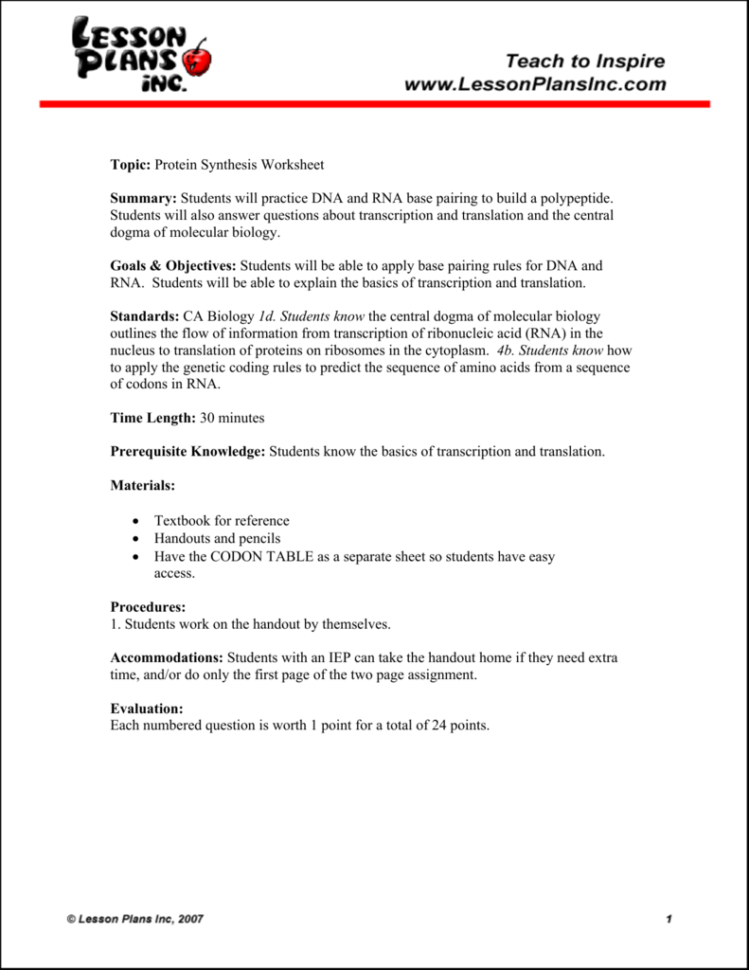 Topic Protein Synthesis Worksheet Summary Students Will