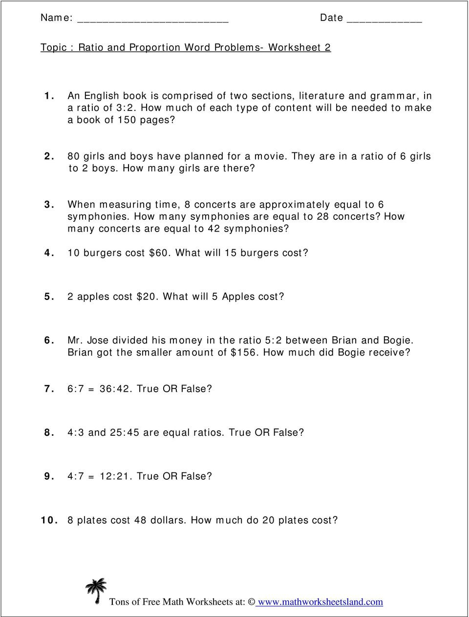Topic Ratio And Proportion Word Problems Worksheet Girls 1 