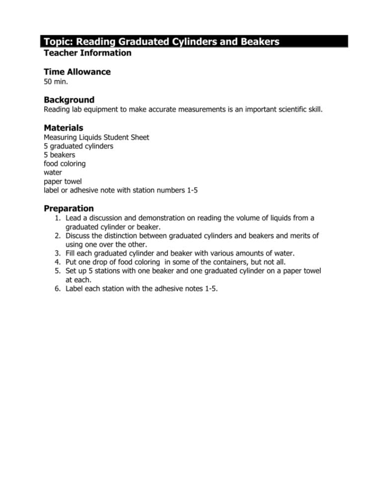 Topic Reading Graduated Cylinders And Beakers