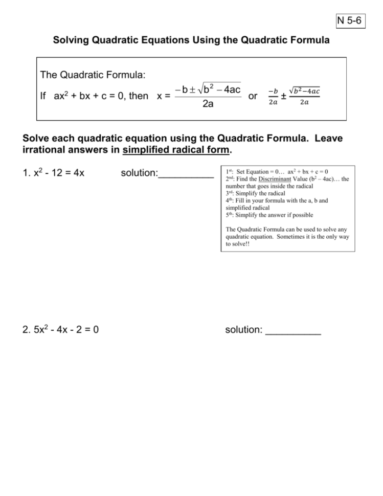 Topic Solving Quadratic Equations Using The Quadratic Formula