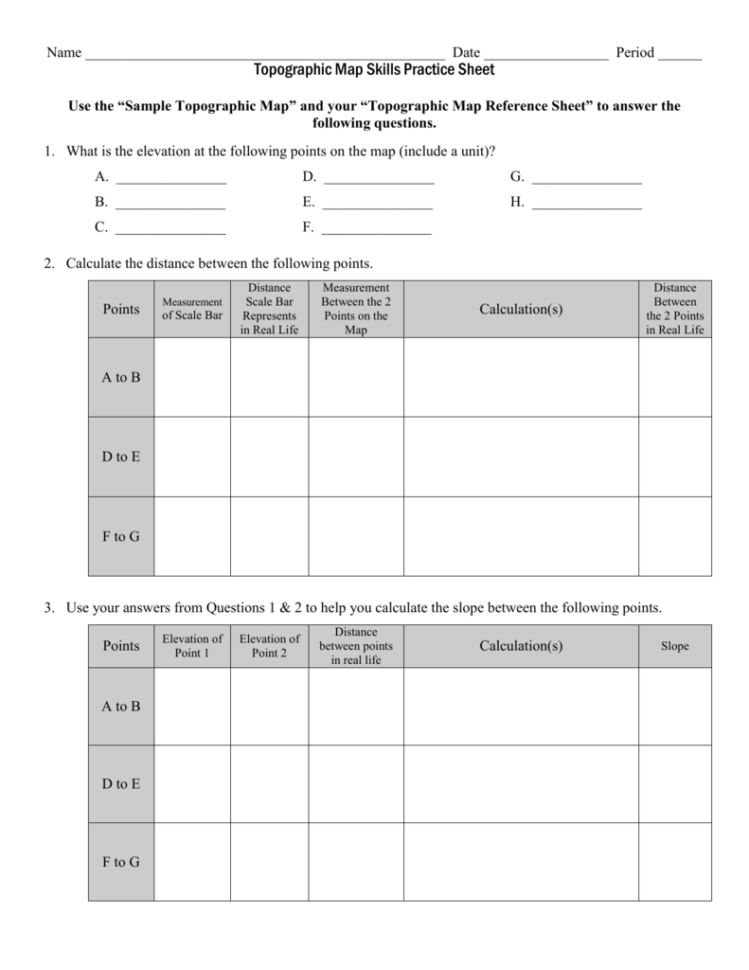 Topographic Map Skills Practice Sheet
