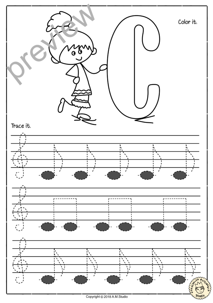 Tracing Music Notes Worksheets For Kids Treble Clef3