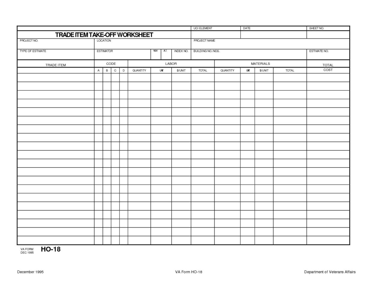 Trade Item Construction Takeoff Worksheet
