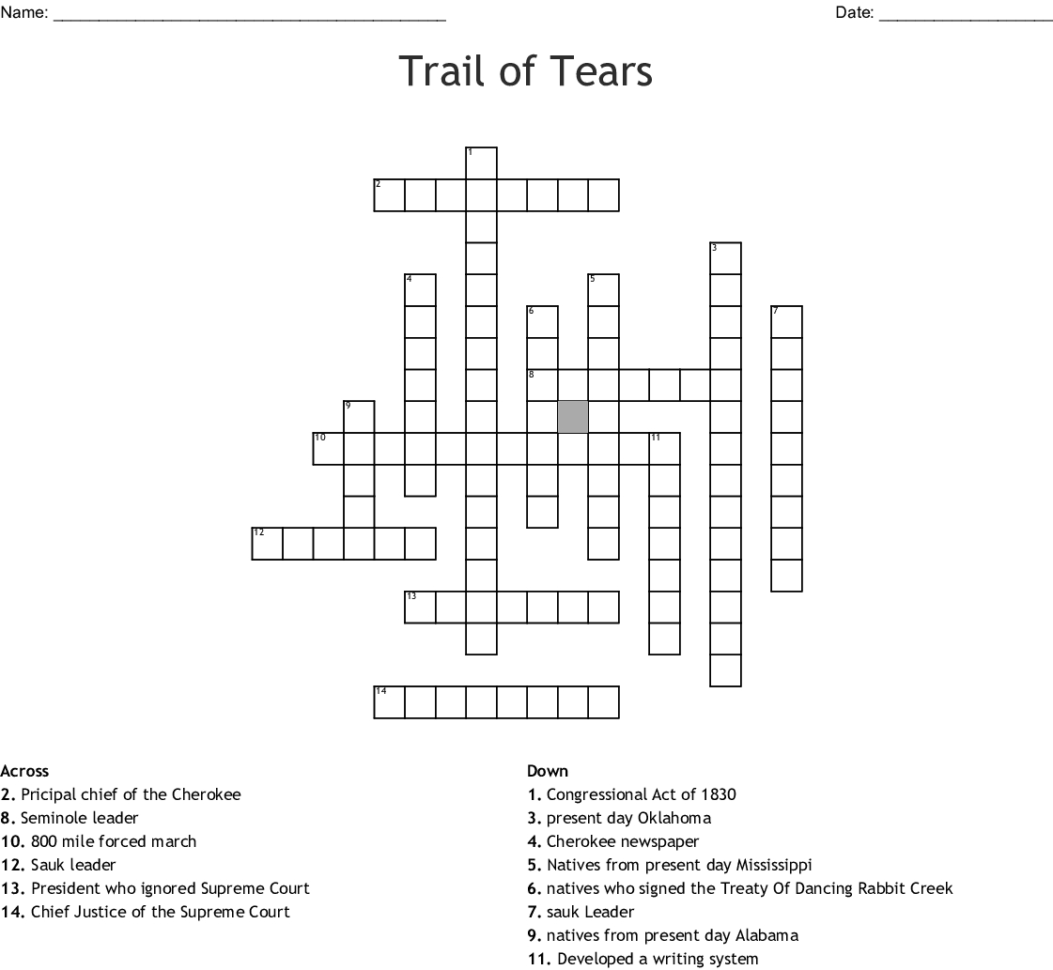 Trail Of Tears Crossword Word db excel com