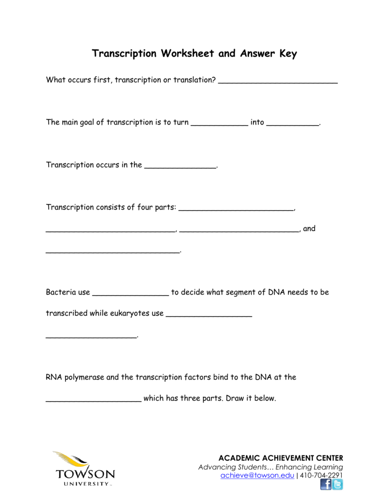 Transcription Worksheet And Answer Key