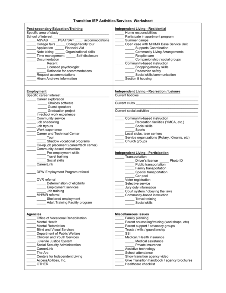 Transition Iep Activitiesservices Worksheet