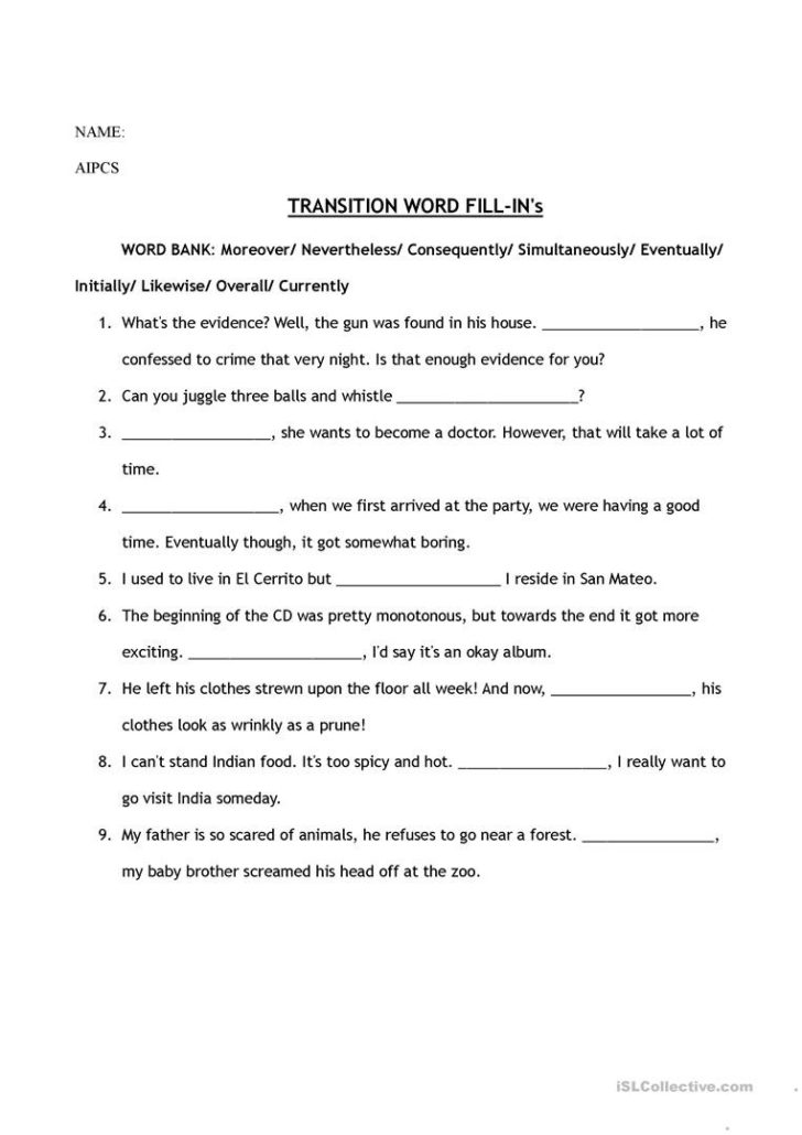 Transition Words Worksheet High School — db-excel.com