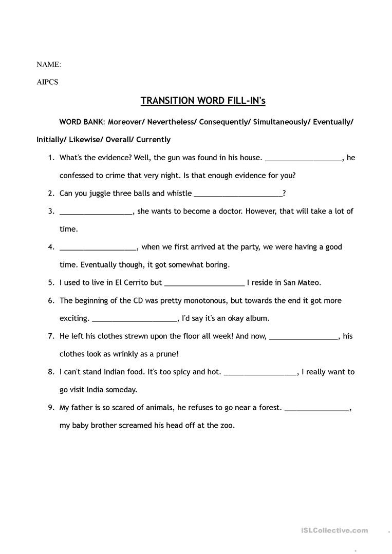 Transition Words  English Esl Worksheets