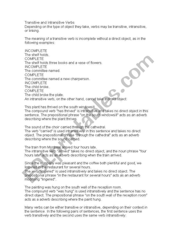 Transitive And Intransitive Verbs Worksheets