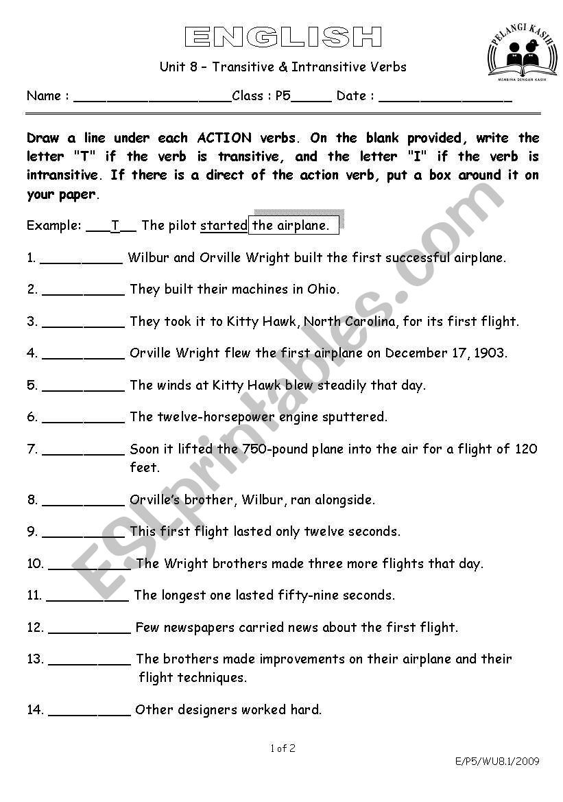 Transitive And Intransitive Verbs Worksheet Doc