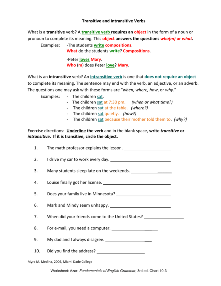 Transitive And Intransitive Verbs Worksheets For Grade 7
