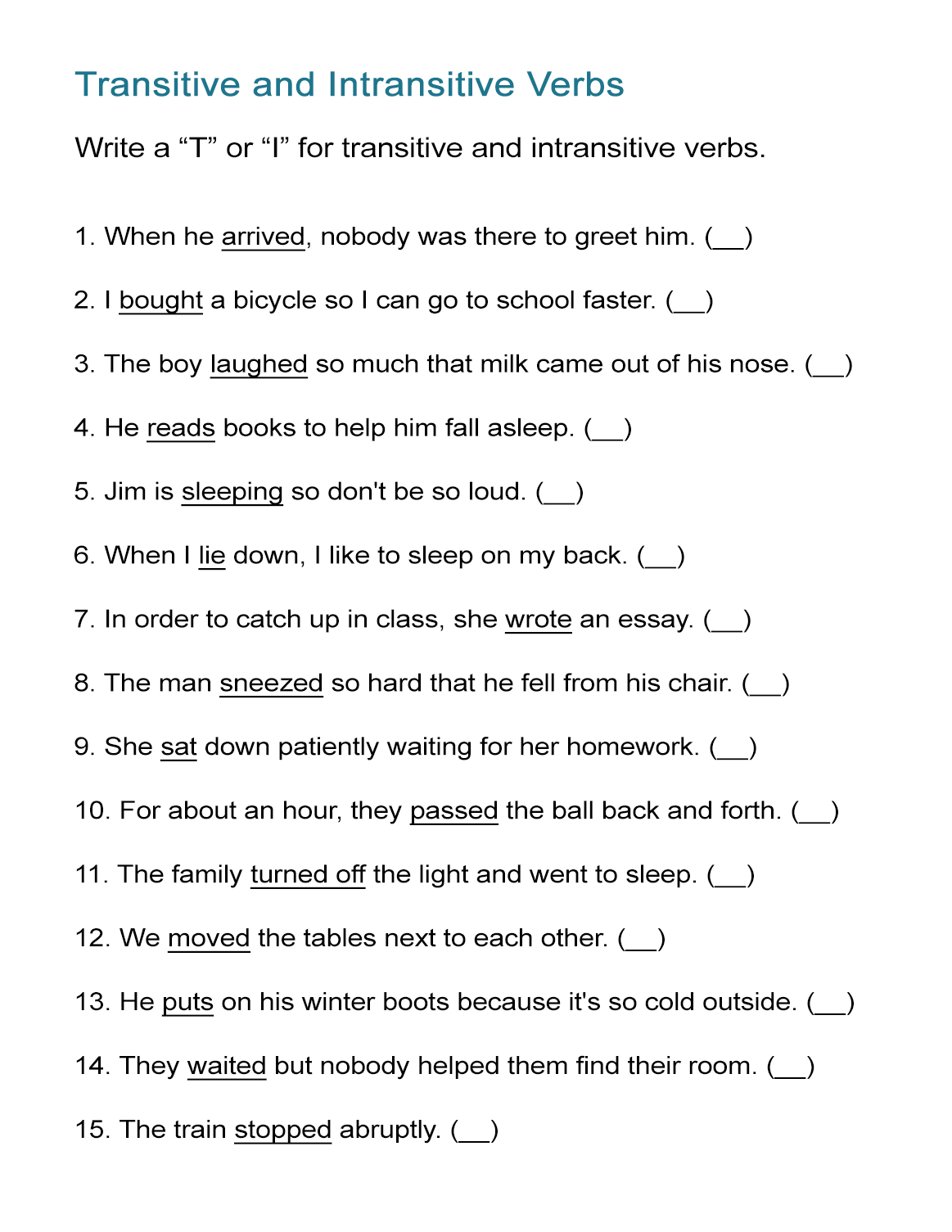 Transitive And Intransitive Verb Worksheet With Answers Pdf