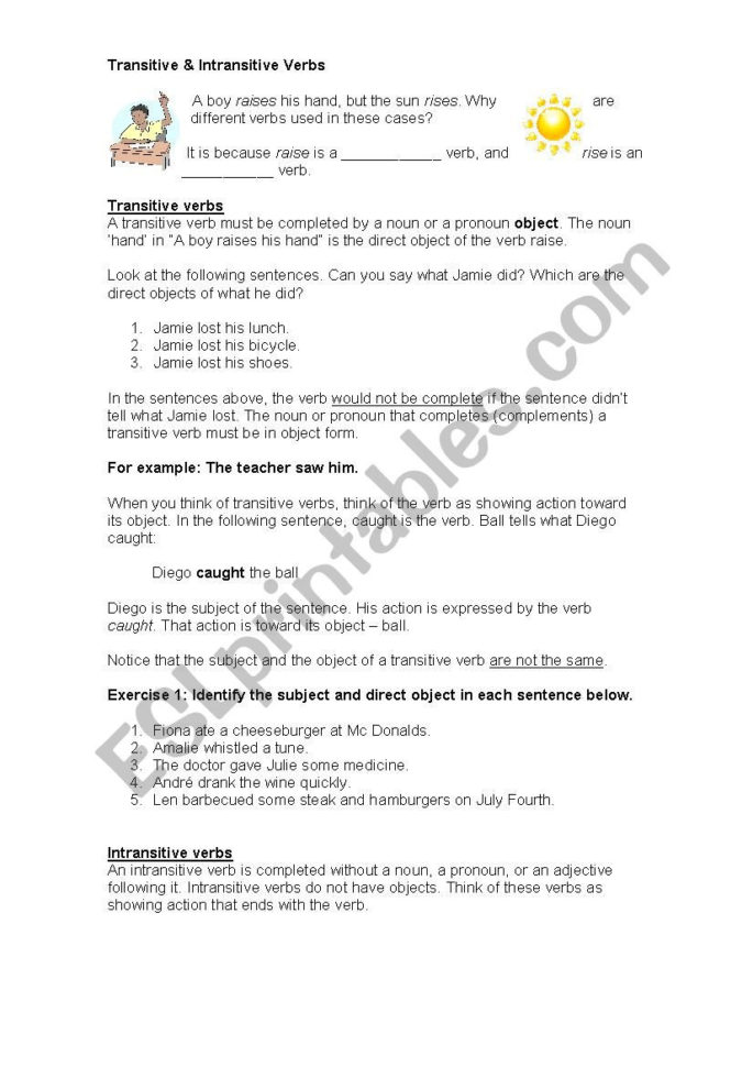 Transitive  Intransitive Verbs  Esl Worksheetsofiaoliveri