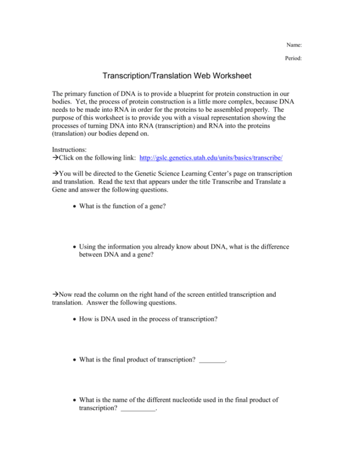Transcription Translation Worksheet