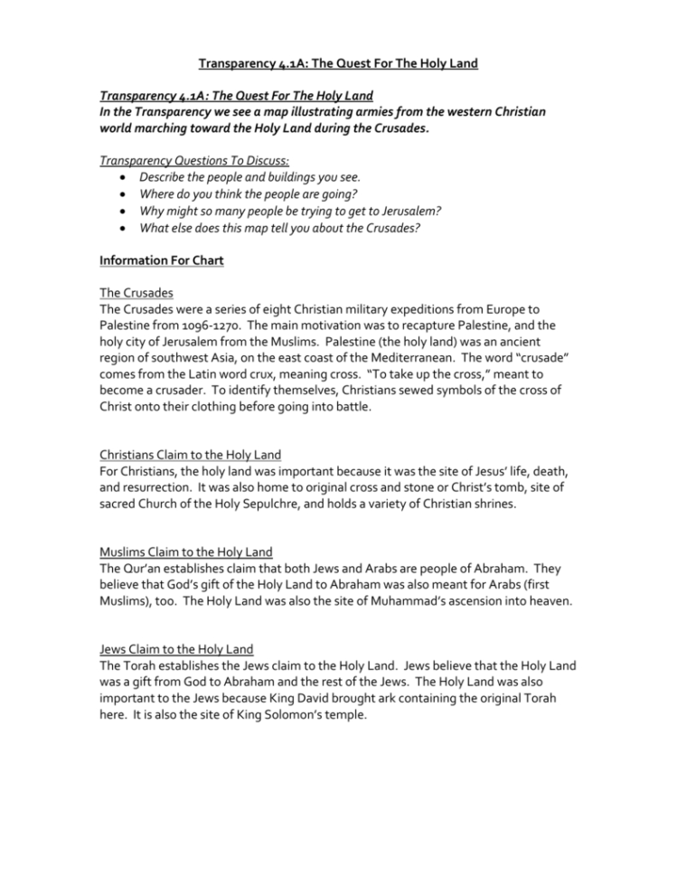 Transparency 41A The Quest For The Holy Land Transparency 41