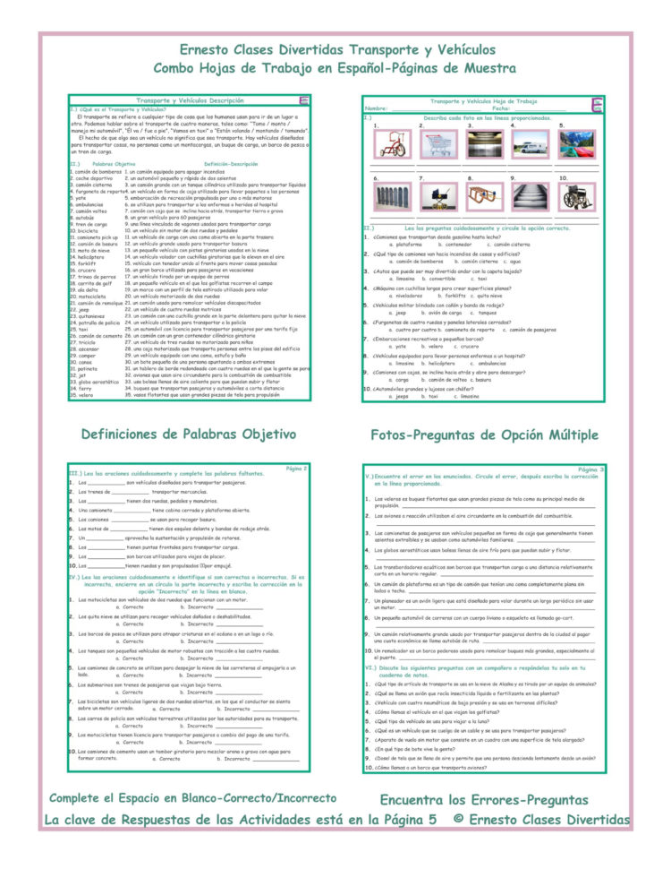 Transportationvehicles Combo Activities Spanish Worksheets