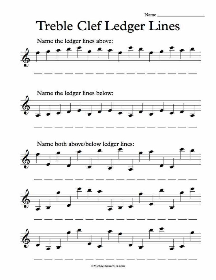 Treble Clef Ledger Lines – Worksheet – Michael Kravchuk